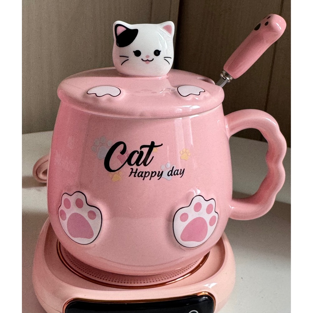 Pink Ceramic Cat Coffee Mug Set with Lid Spoon and Smart Mug Warmer Happy Day